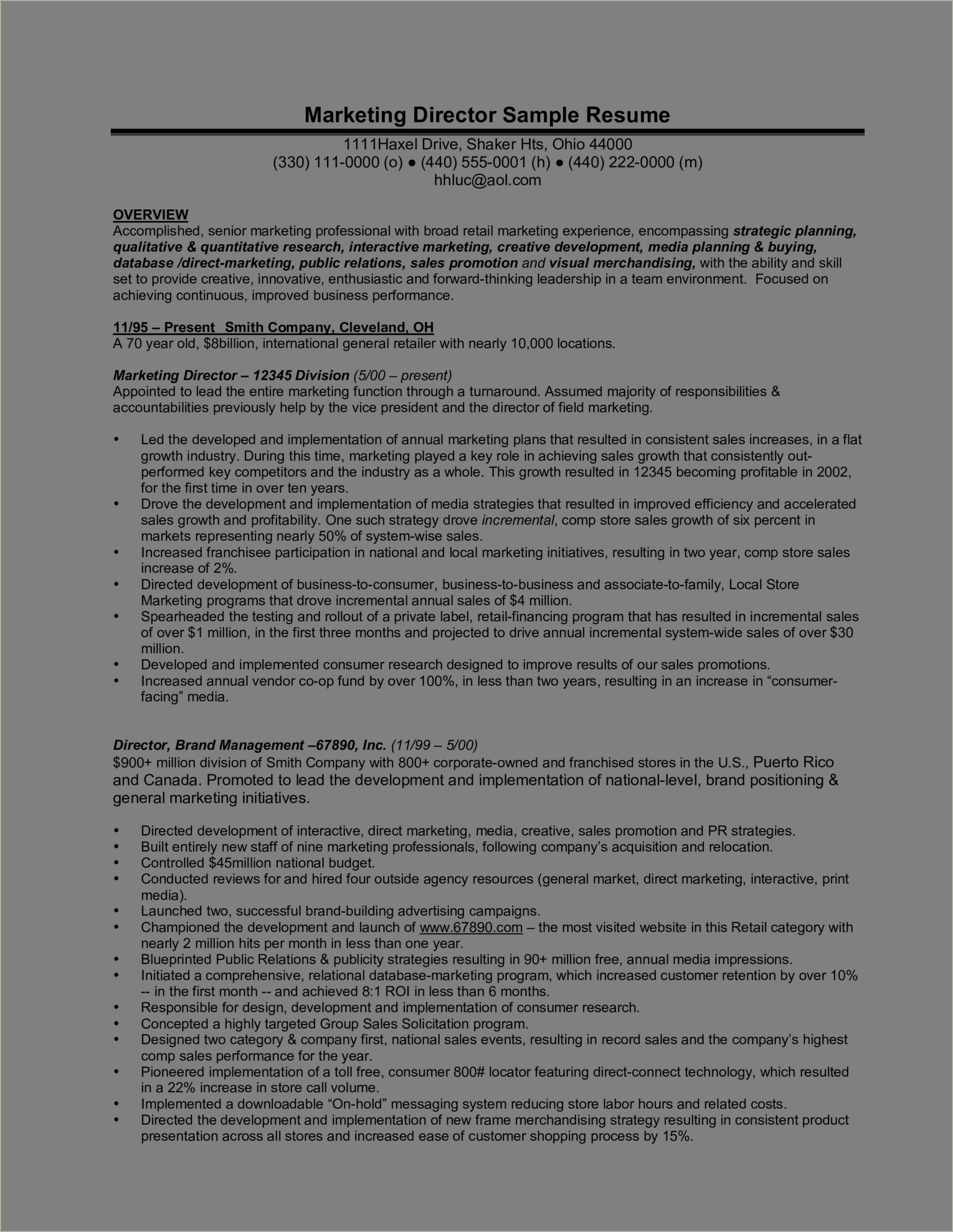Sample Resume Format For Experienced Marketing Professional