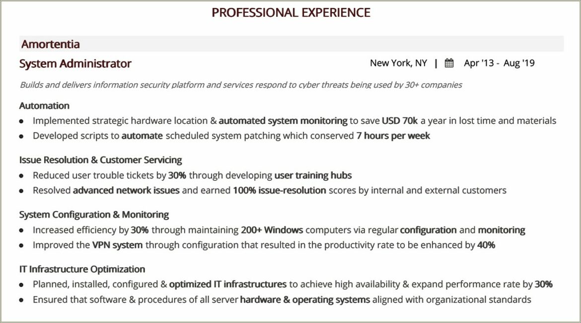 Sample Resume Format For Experienced System Administrator