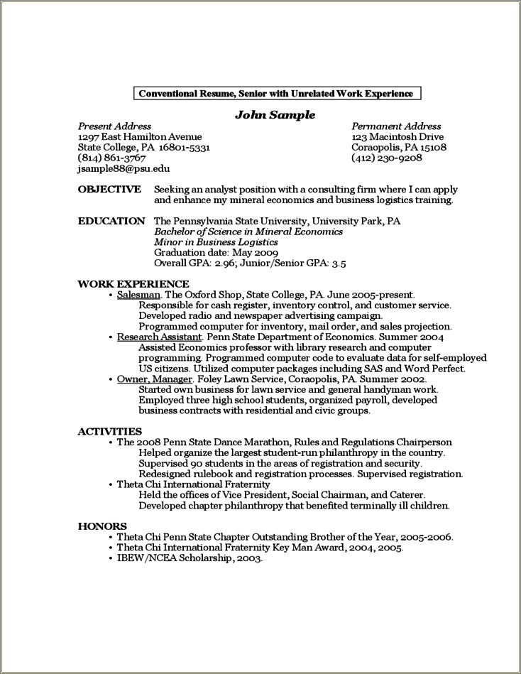 Sample Resume Format For Final Year Engineering Students