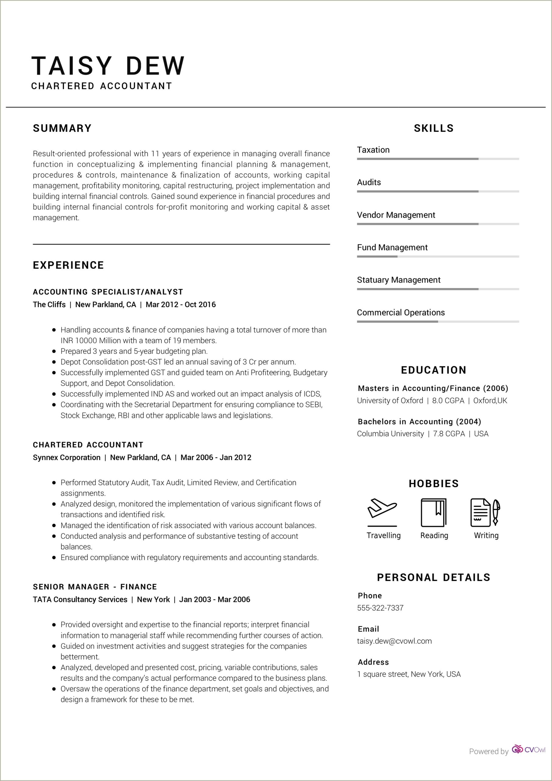 Sample Resume Format For Fresher Chartered Accountant