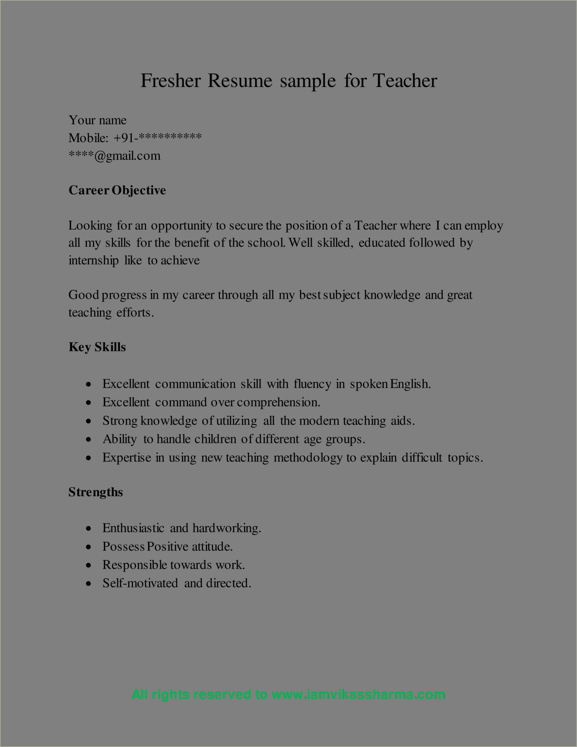 Sample Resume Format For Freshers Teachers