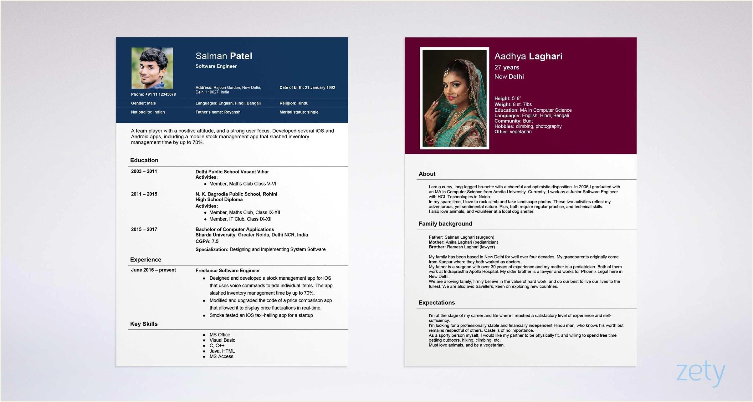 Sample Resume Format For Marriage Proposal