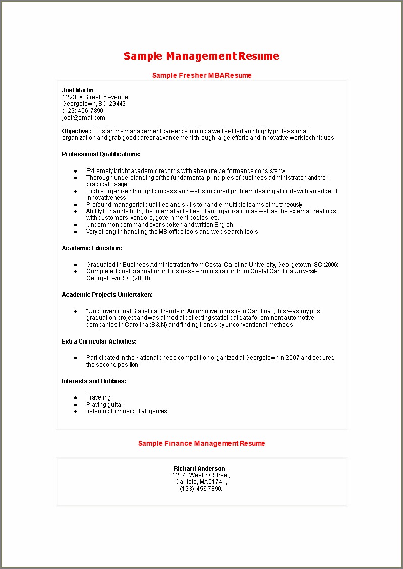 Sample Resume Format For Mba Freshers