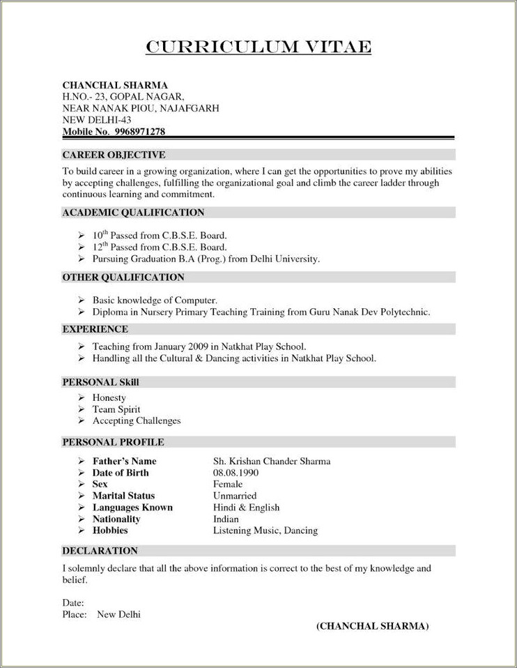 Sample Resume Format For Mechanical Engineering Freshers