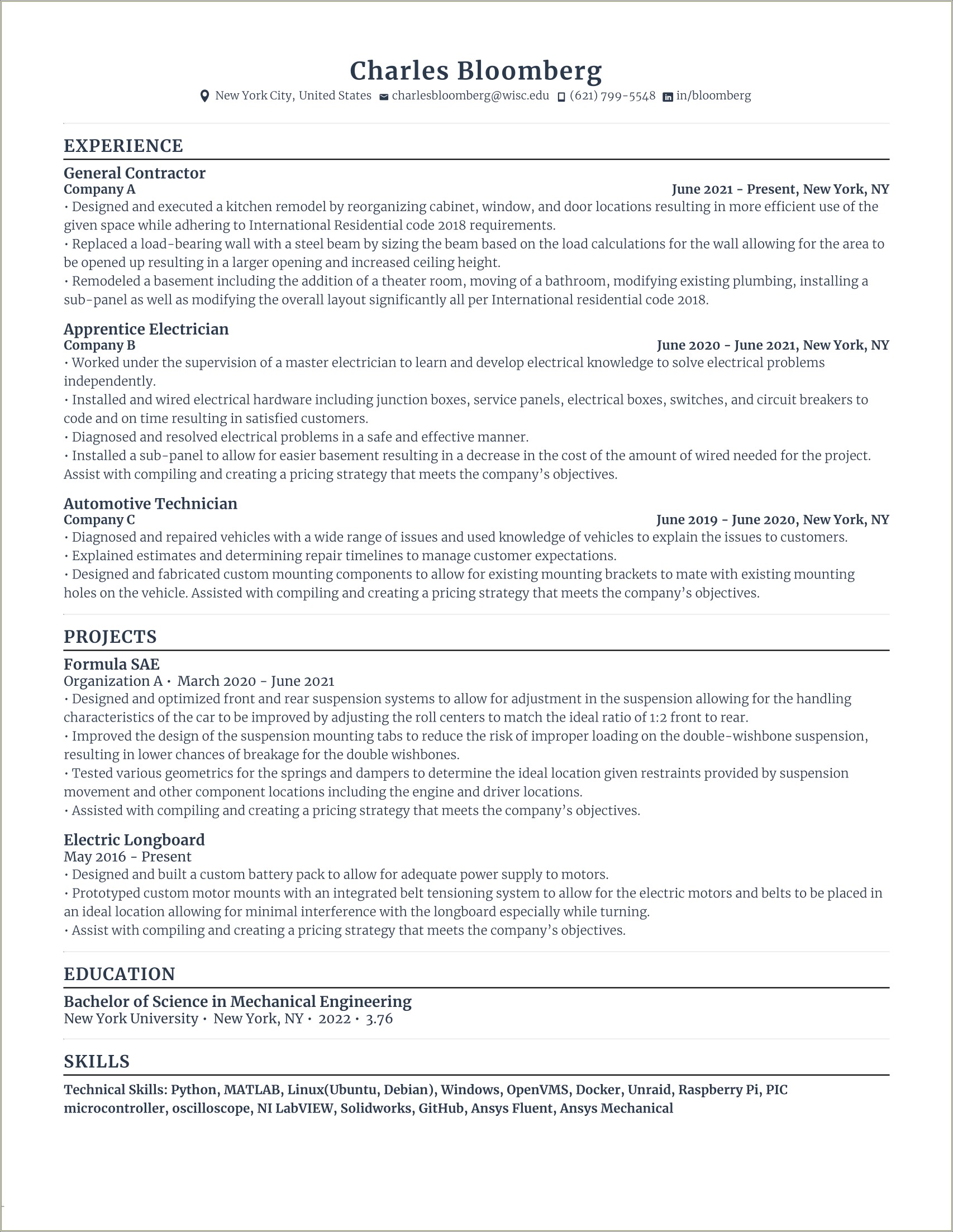 Sample Resume Format For Mep Engineer