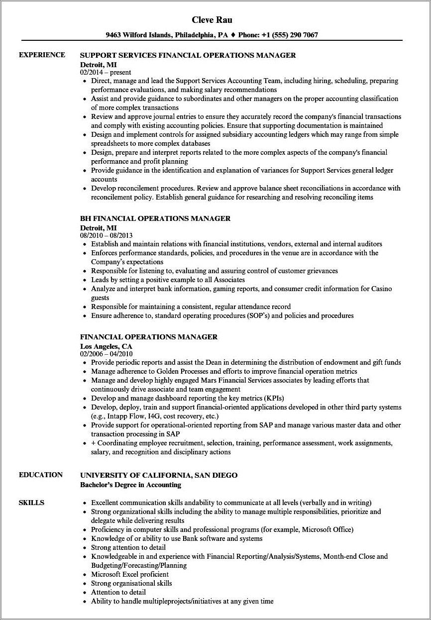Sample Resume Format For Operations Manager