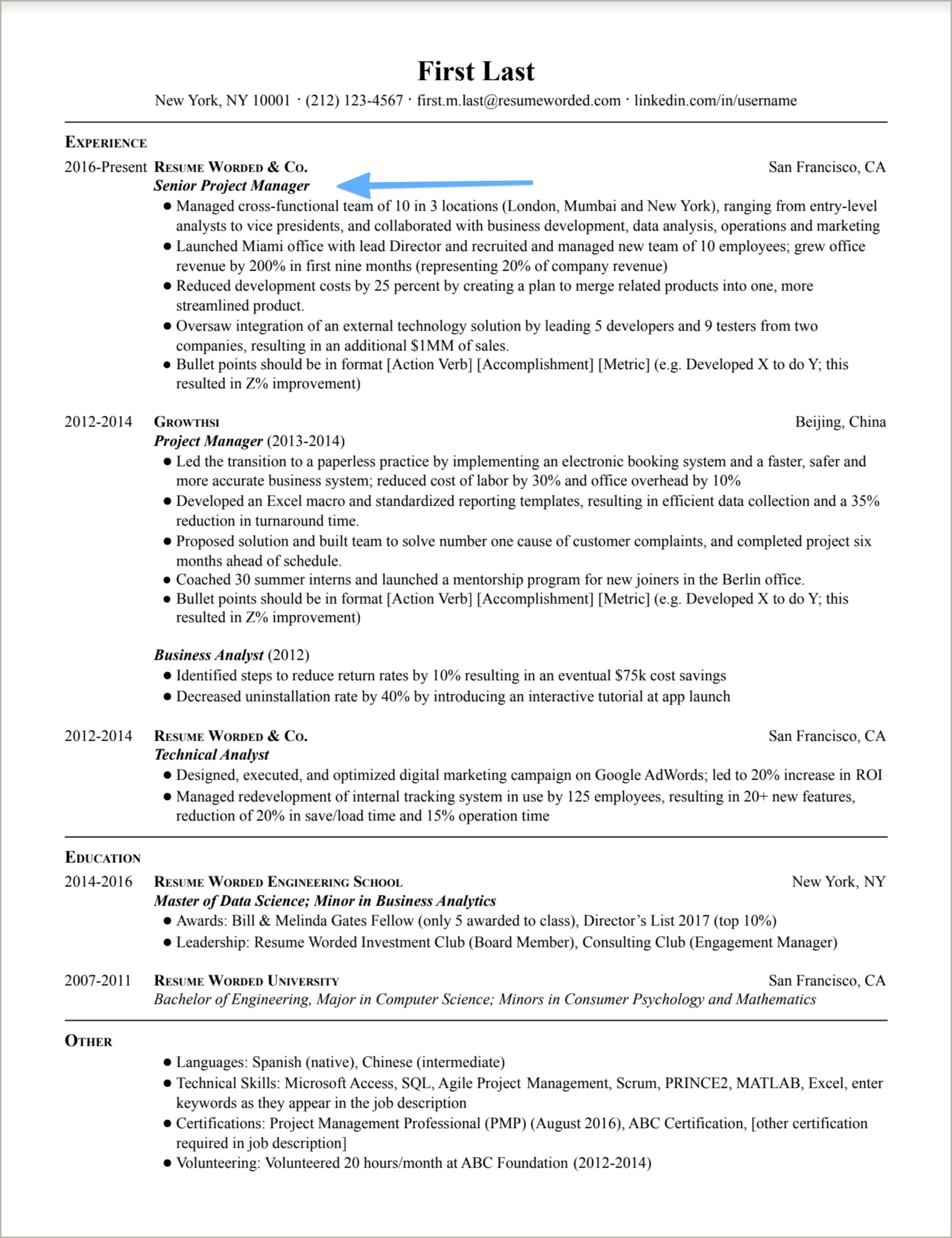 Sample Resume Format For Project Manager
