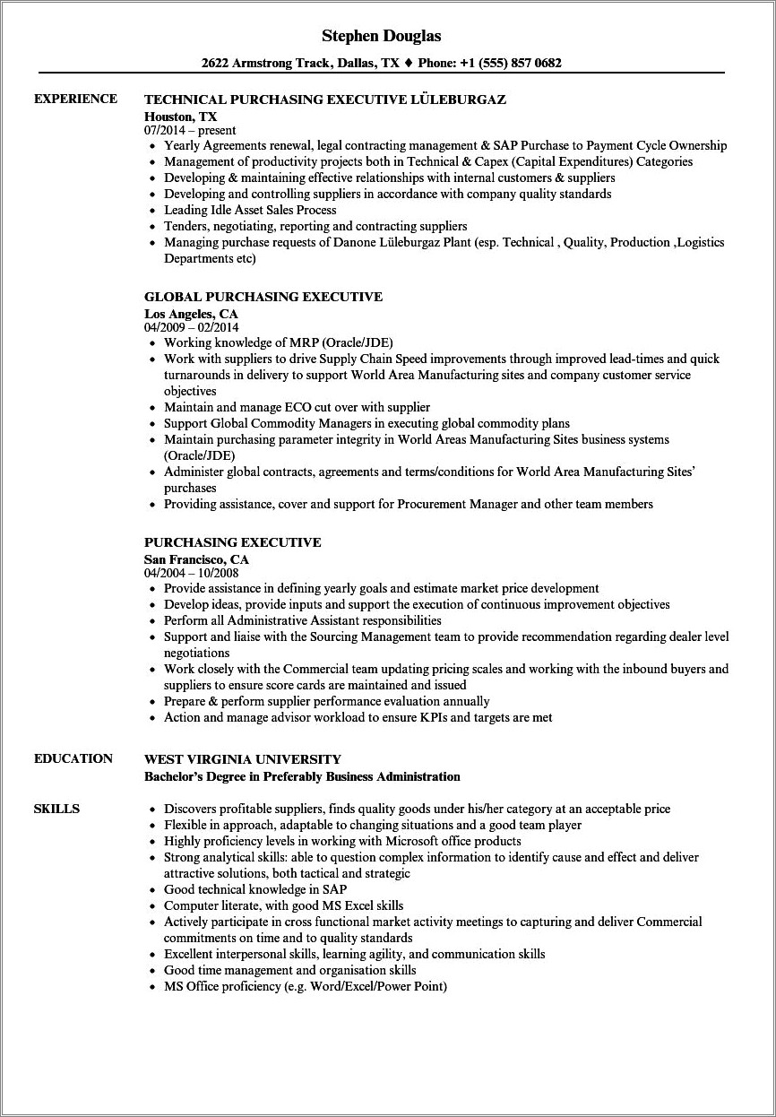 Sample Resume Format For Purchase Executive