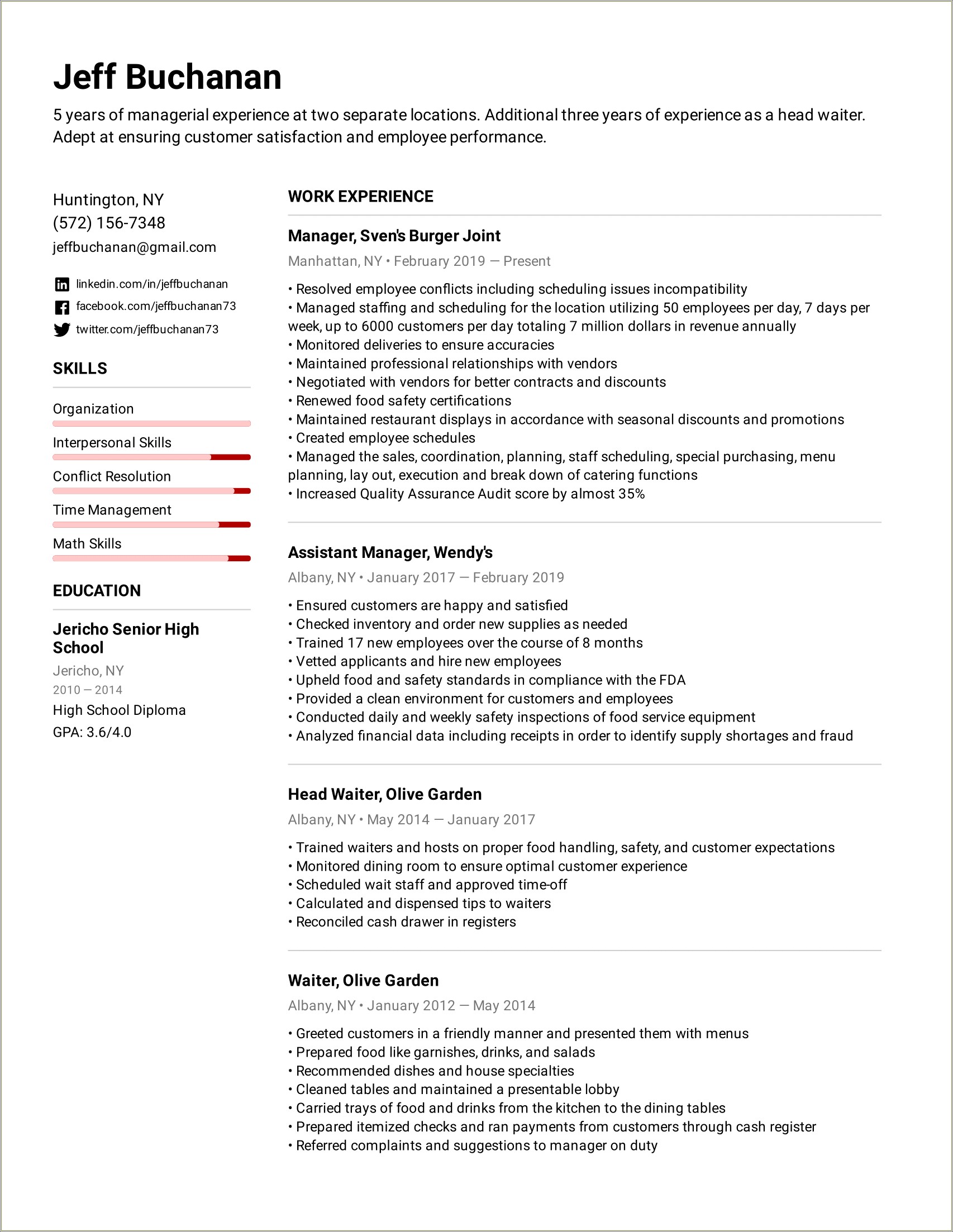 Sample Resume Format For Restaurant Manager