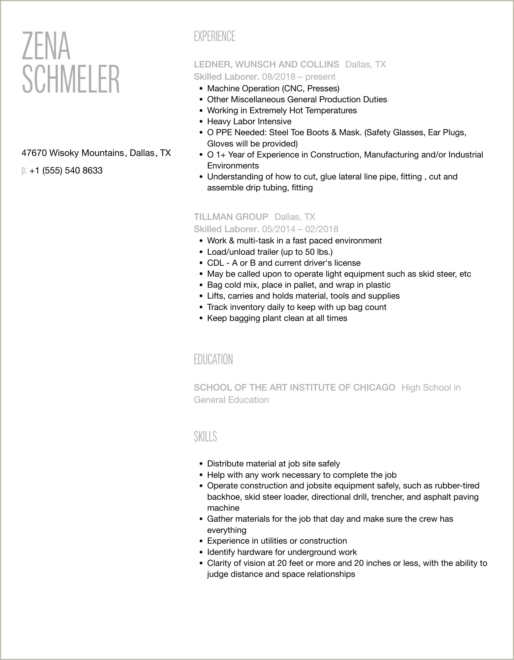 Sample Resume Format For Skilled Worker
