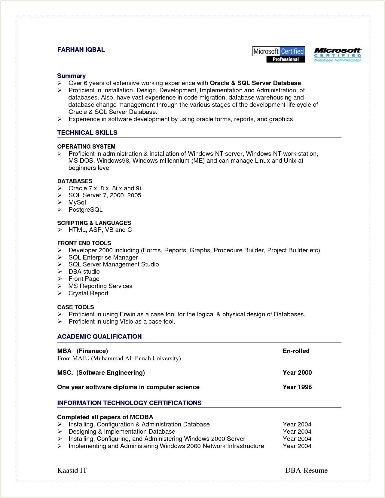 Sample Resume Format For Sql Dba
