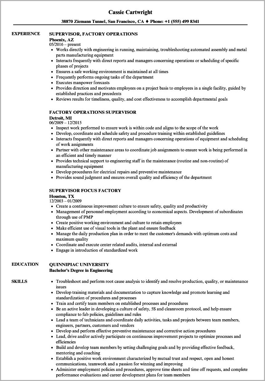 Sample Resume Format For Supervisor Position