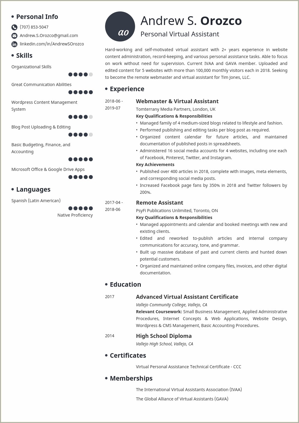 Sample Resume Format For Virtual Assistant