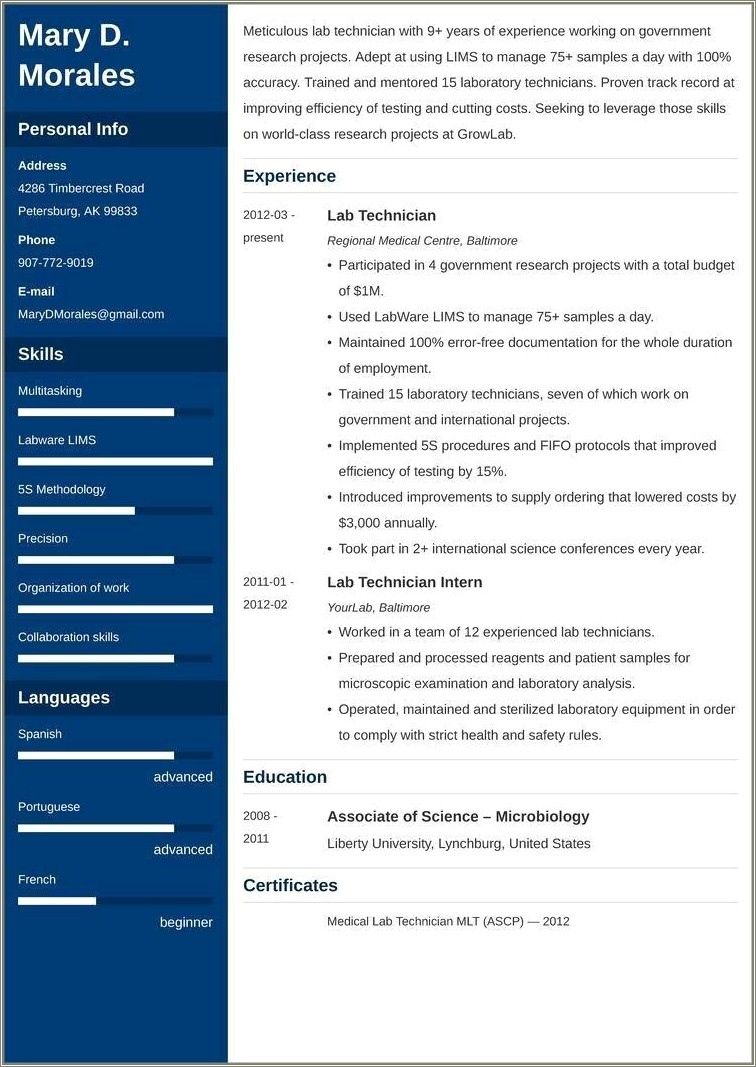 Sample Resume From A Lab Technician