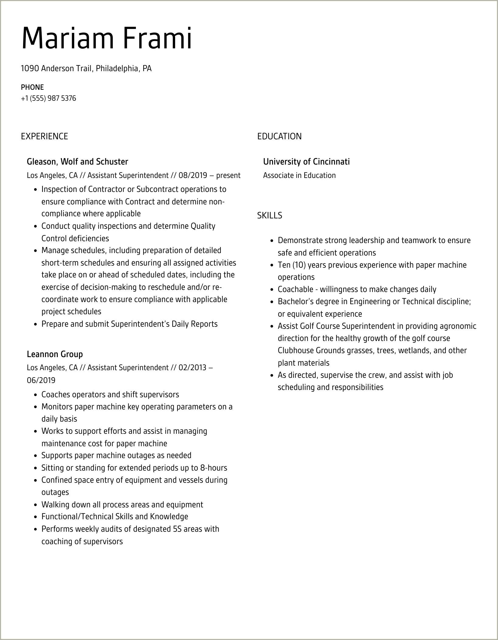 Sample Resume Golf Course Assistant Superintendent