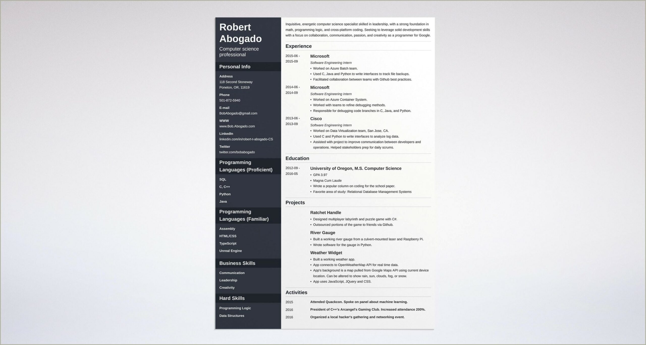 Sample Resume Google Computer Science Template