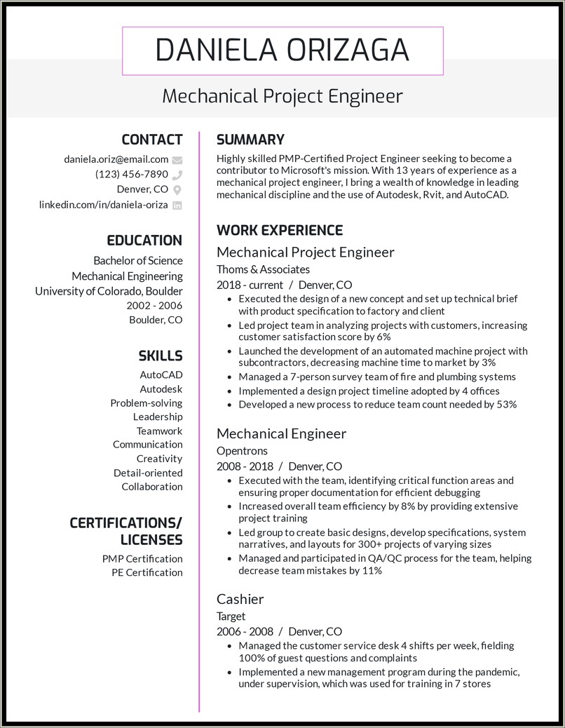 Sample Resume Headline For Mechanical Engineer