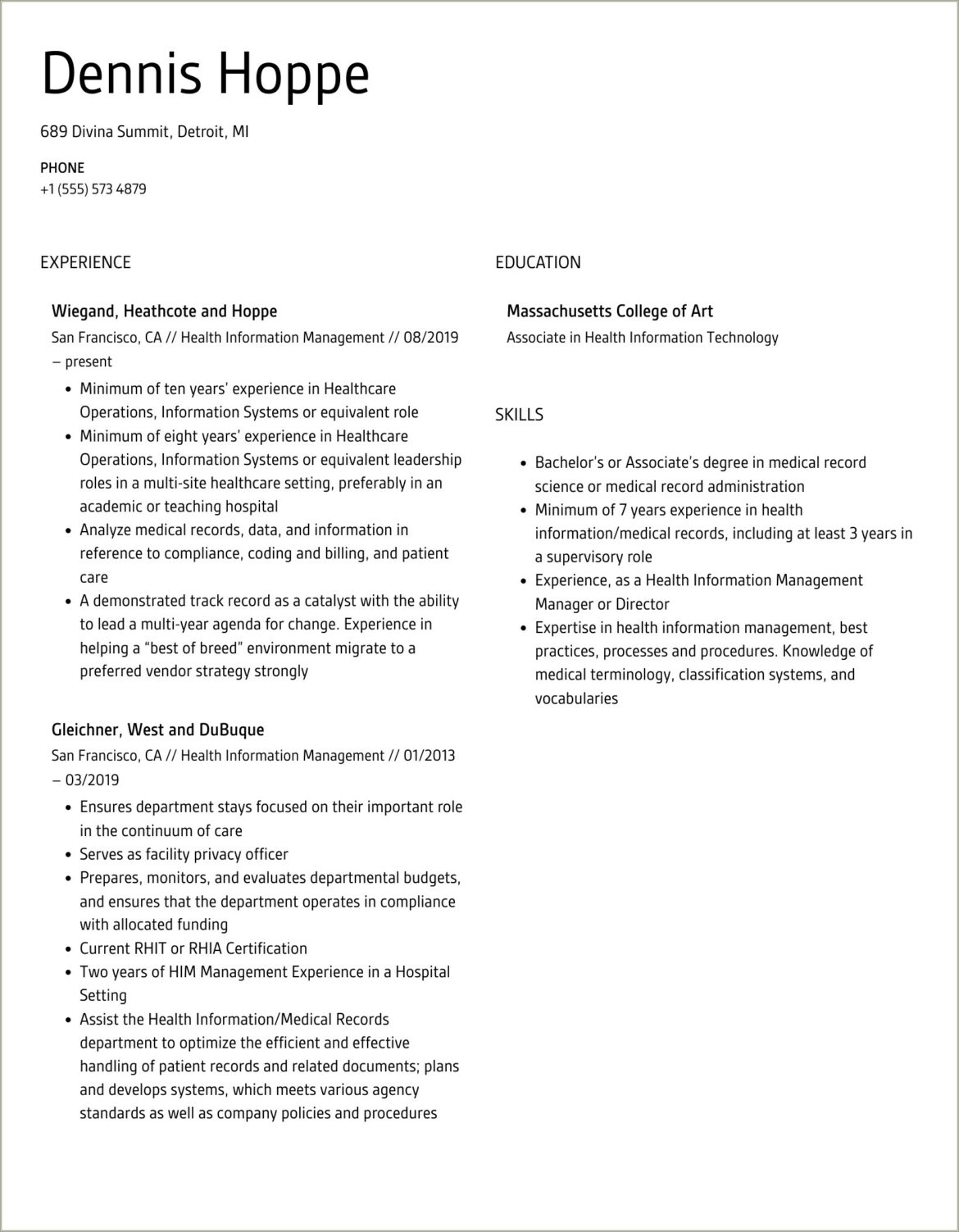 Sample Resume Health Information Management Director