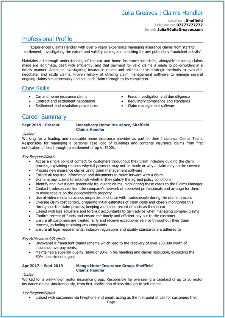 Sample Resume Healthcare Legal Claims Resolution Manager