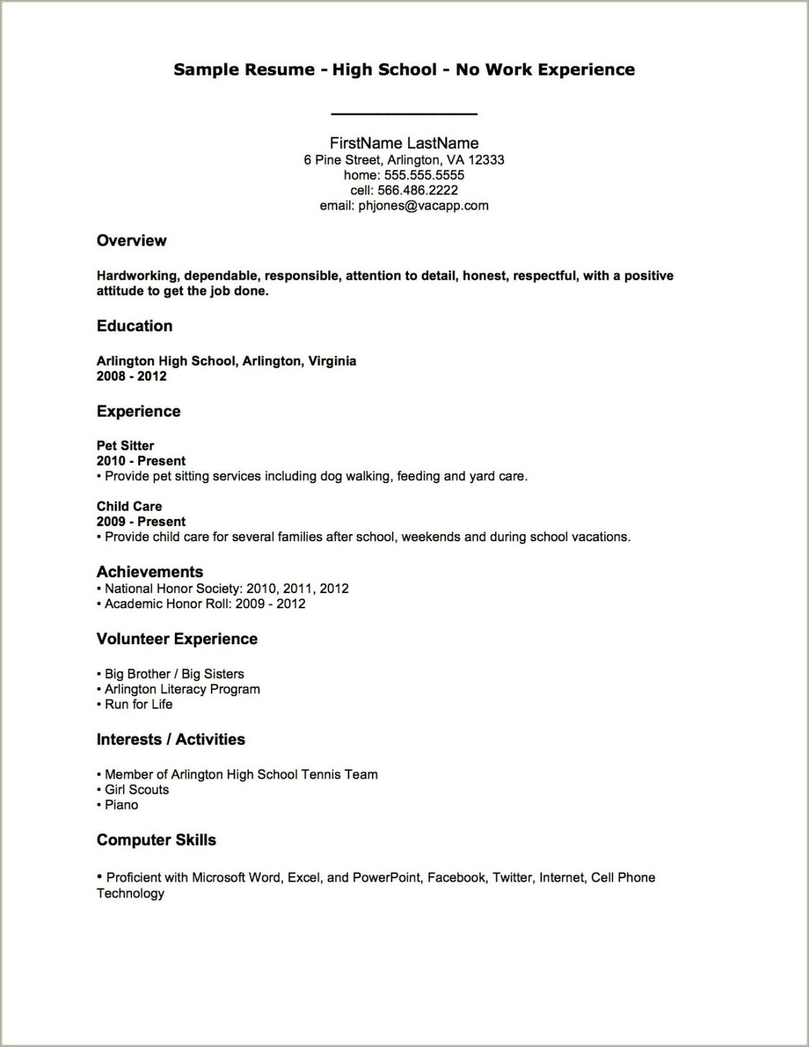 Sample Resume High School Student Without Work Experience