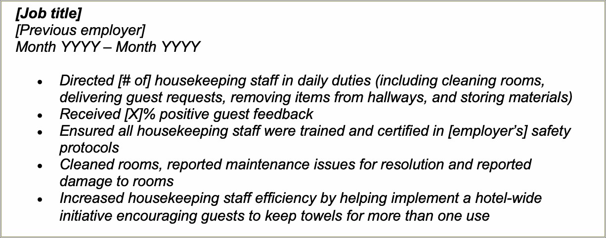 Sample Resume Hotel Housekeeping Room Attendant