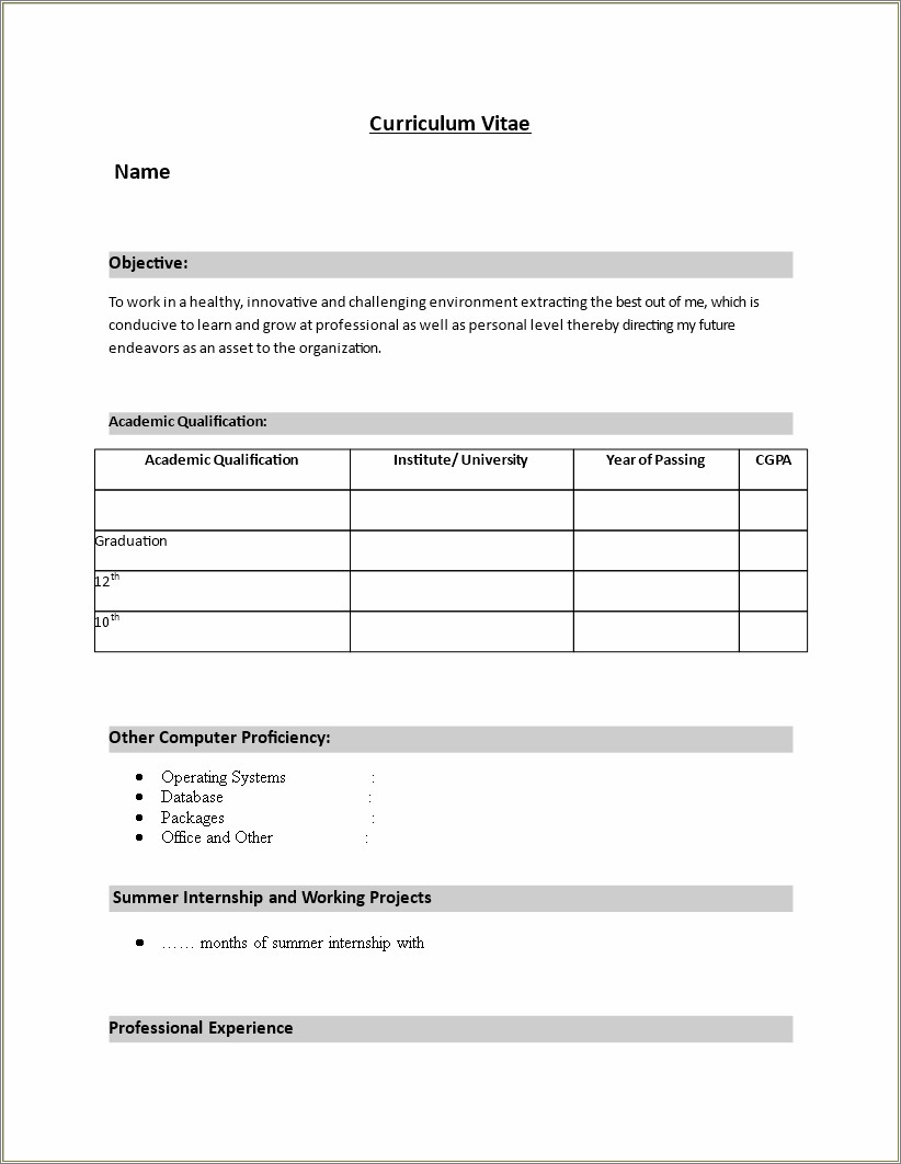 Sample Resume In Word Format For Freshers
