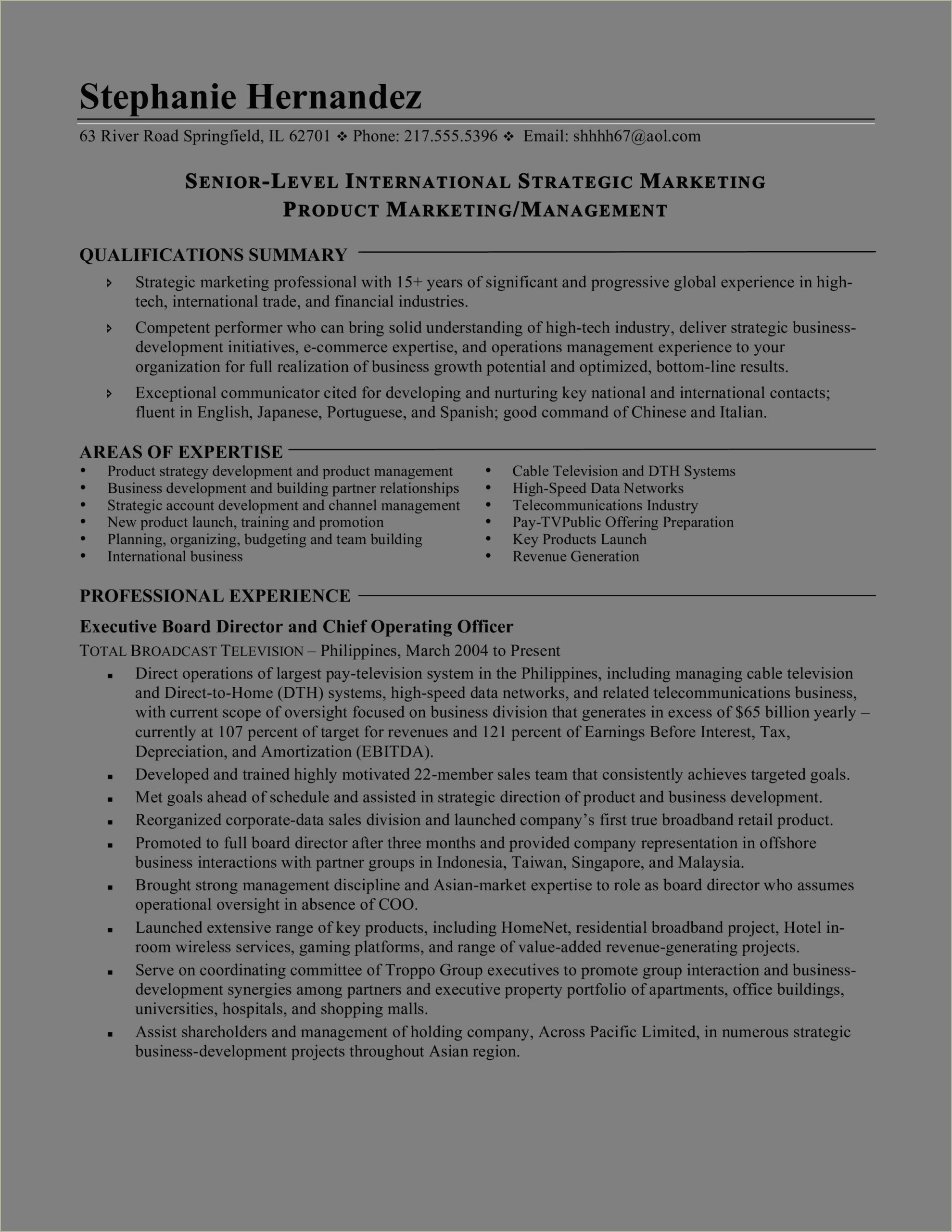 Sample Resume International Business Development Manager