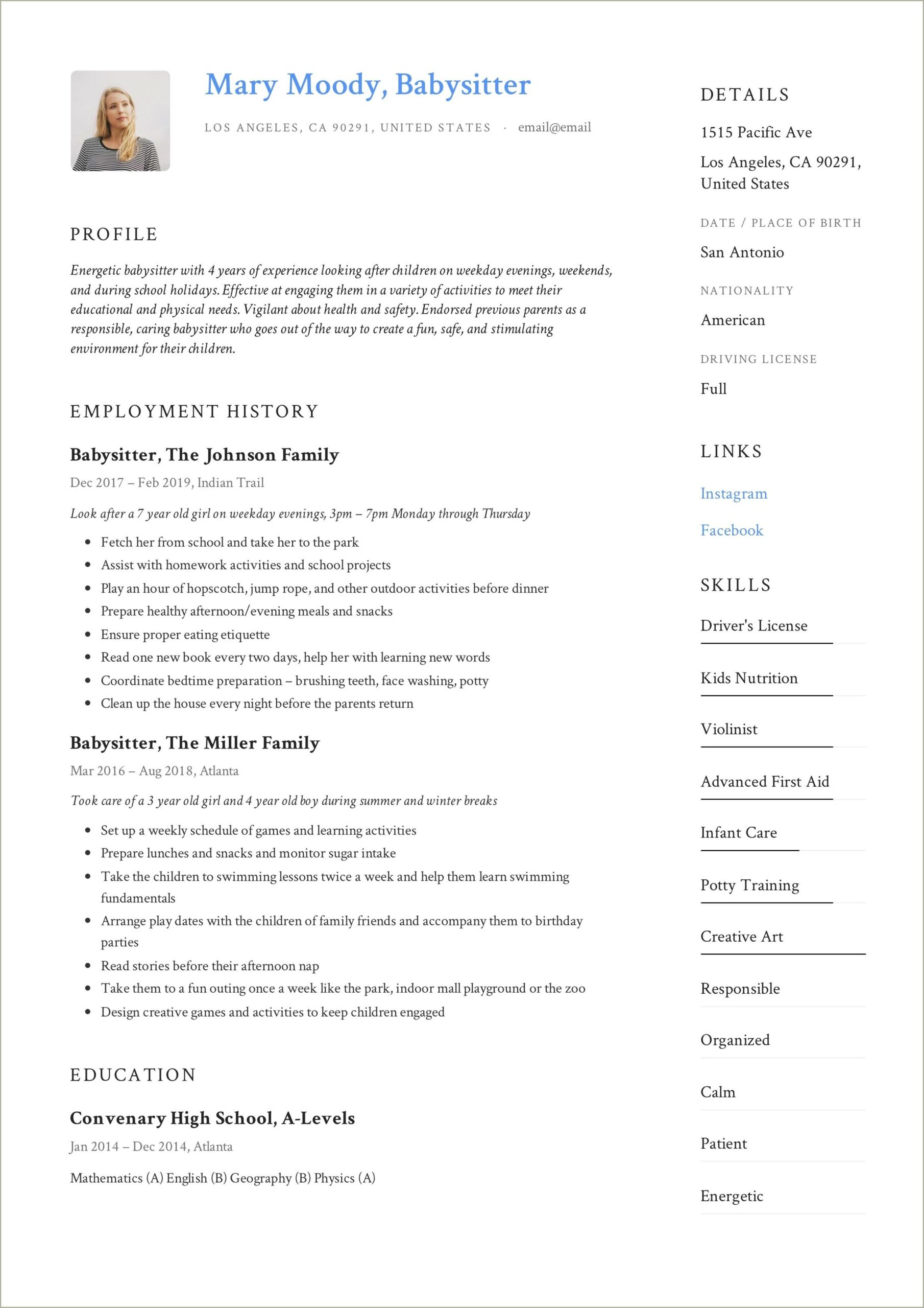 Sample Resume Job Descriotions For Babaysitter