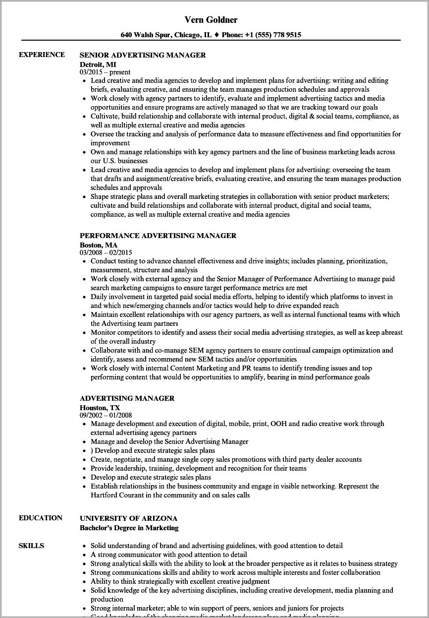 Sample Resume Job Description For Advertising Manager