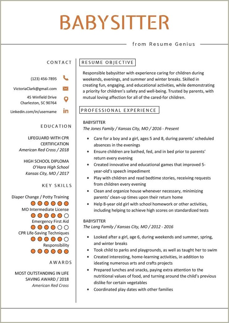 Sample Resume Job Description For Babysitter