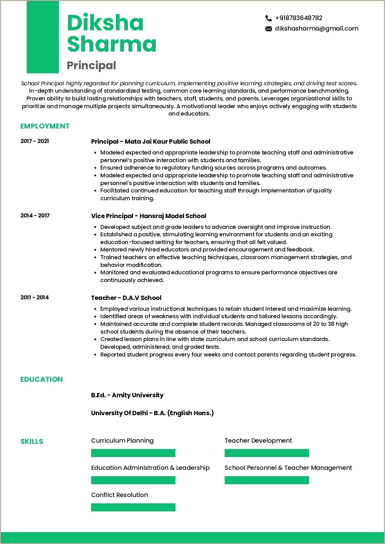 Sample Resume Job Summary For A School Principal