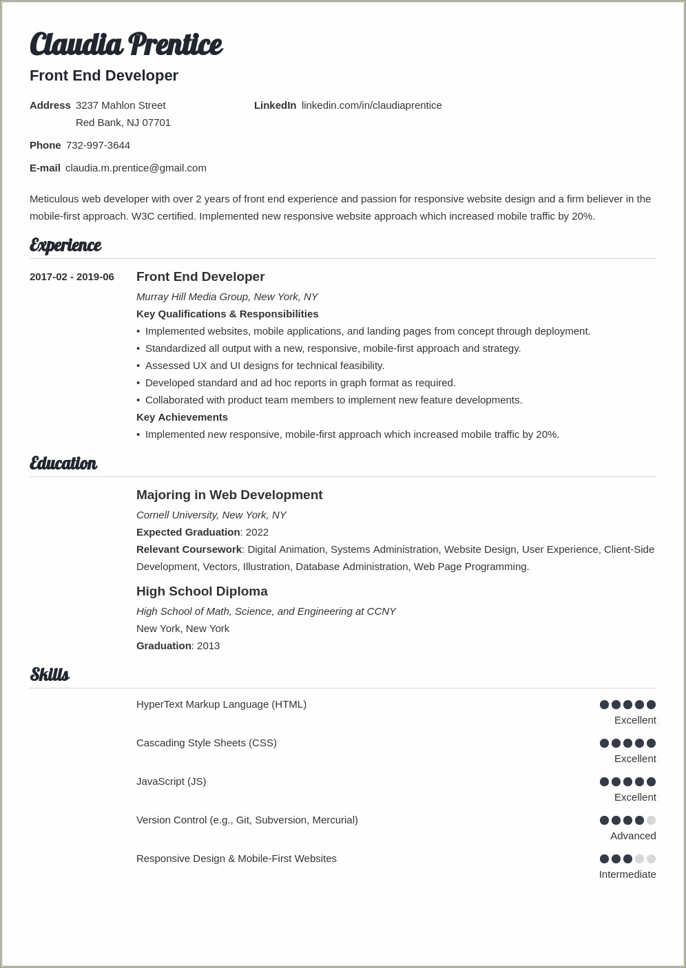 Sample Resume Junior Front End Developer