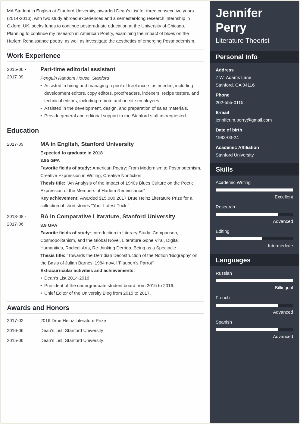 Sample Resume List Of Academic Goals