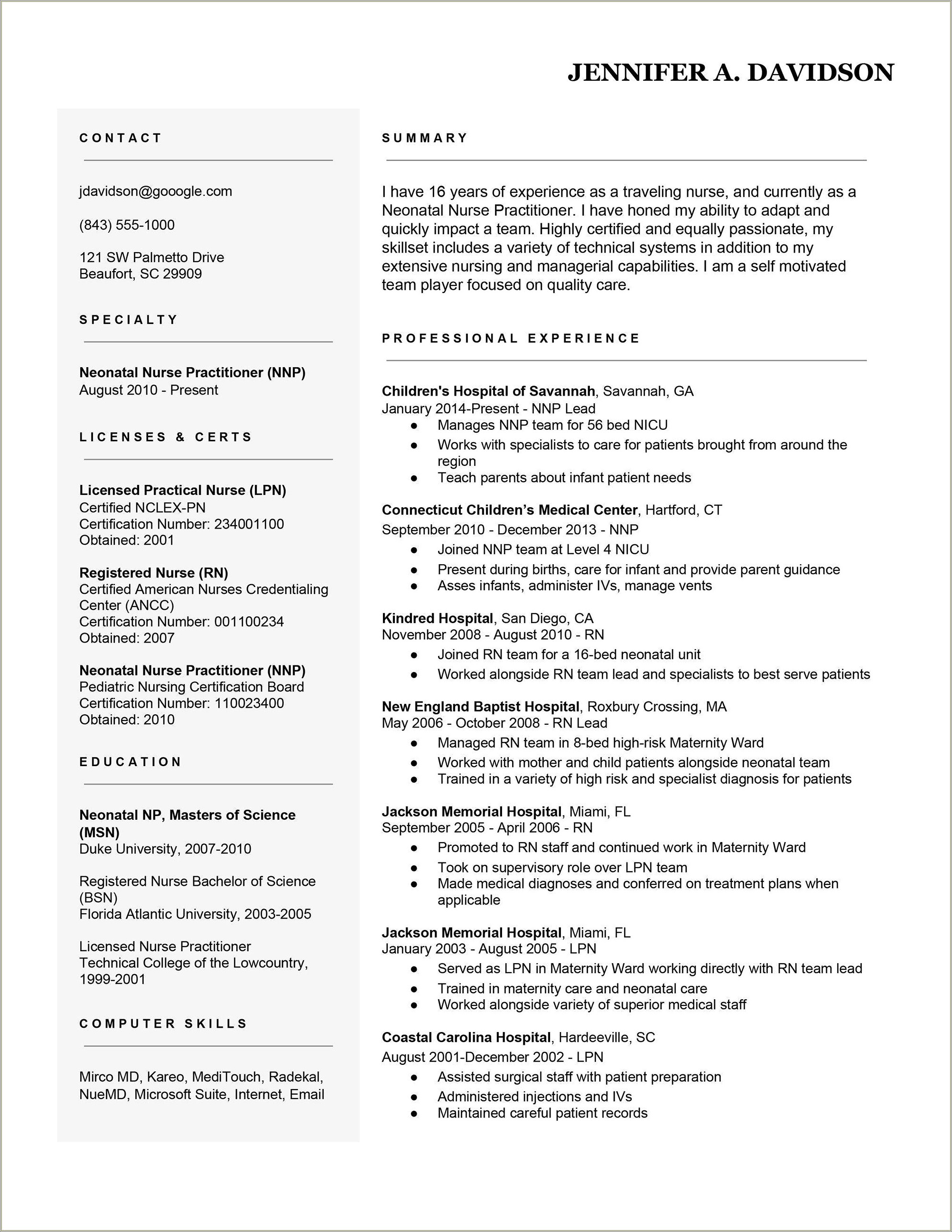 Sample Resume Neonatal Intensive Care Nurse