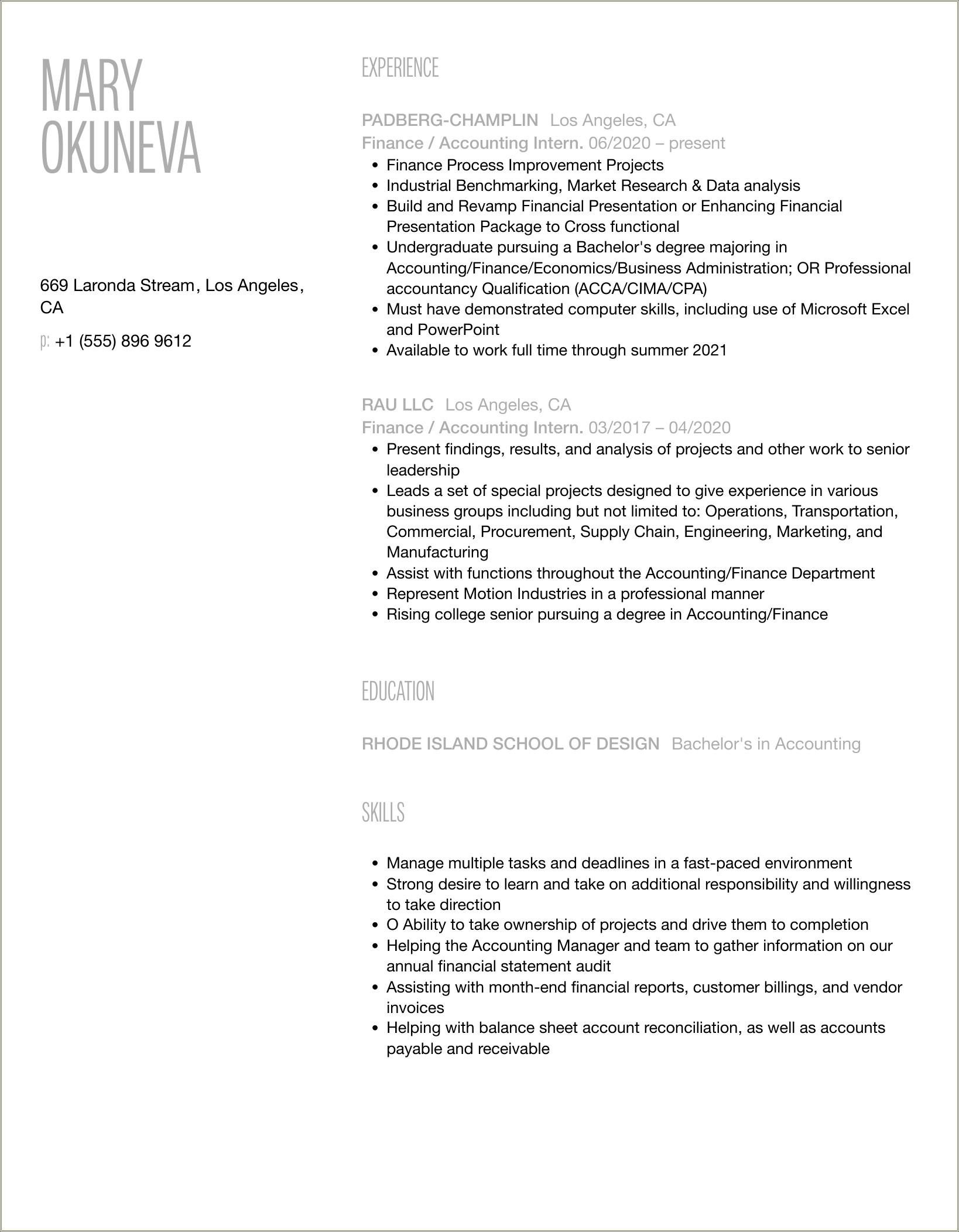 Sample Resume Objective For Accounting Internship
