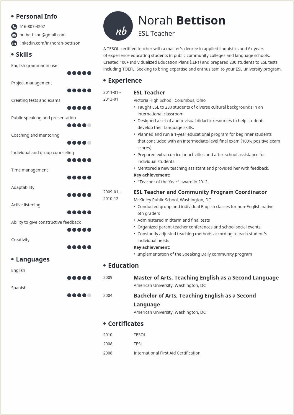 Sample Resume Objective For Esl Teacher