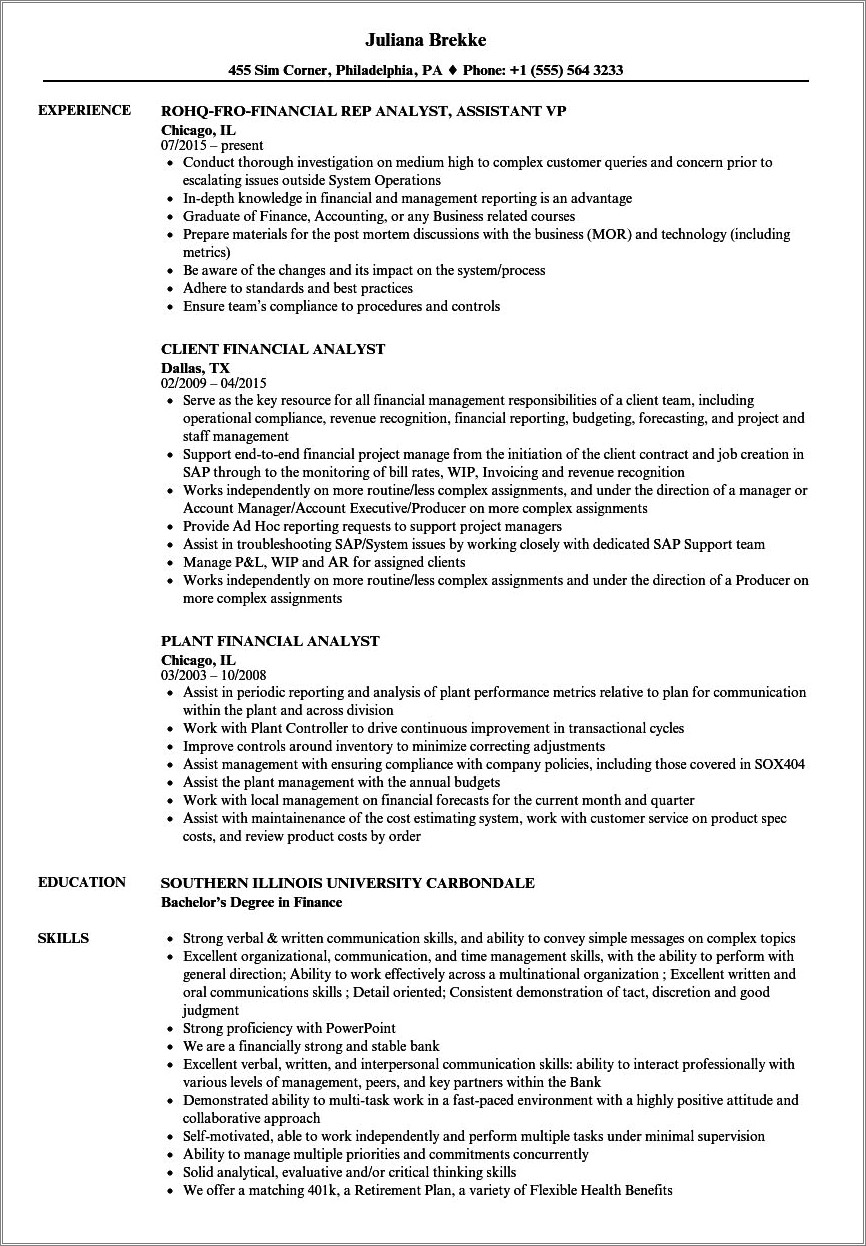 Sample Resume Objective For Financial Analyst