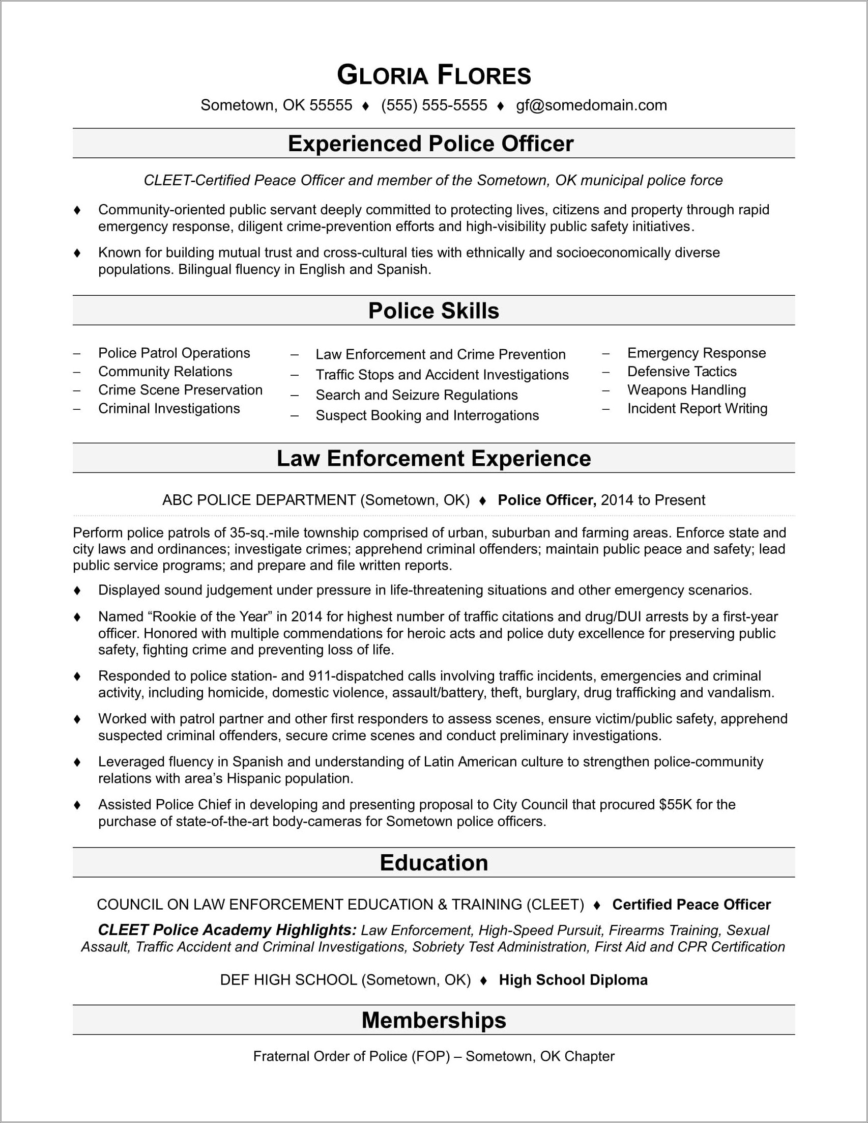 Sample Resume Objective For Law Enforcement