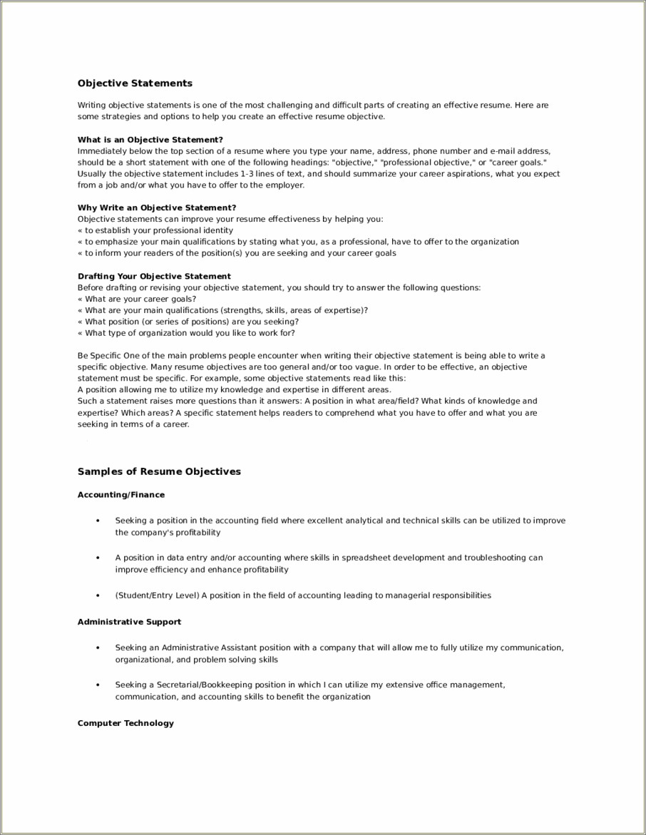 Sample Resume Objective For Management Position
