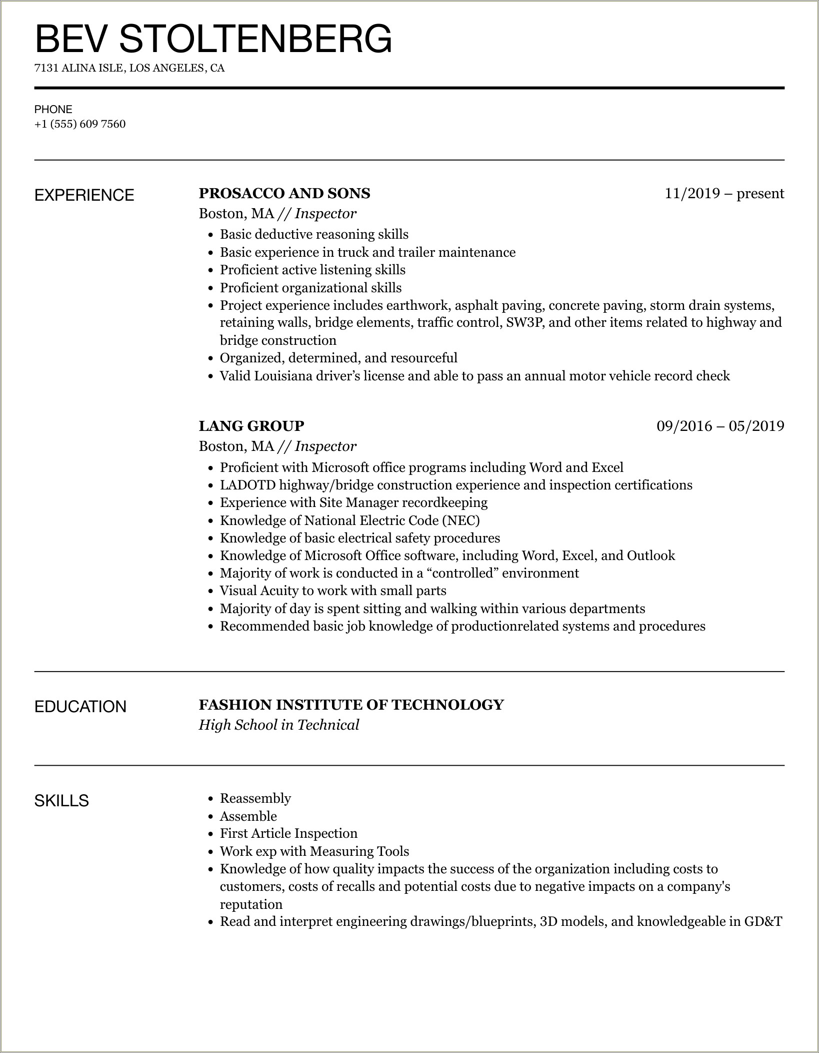 Sample Resume Objective For Organic Inspector