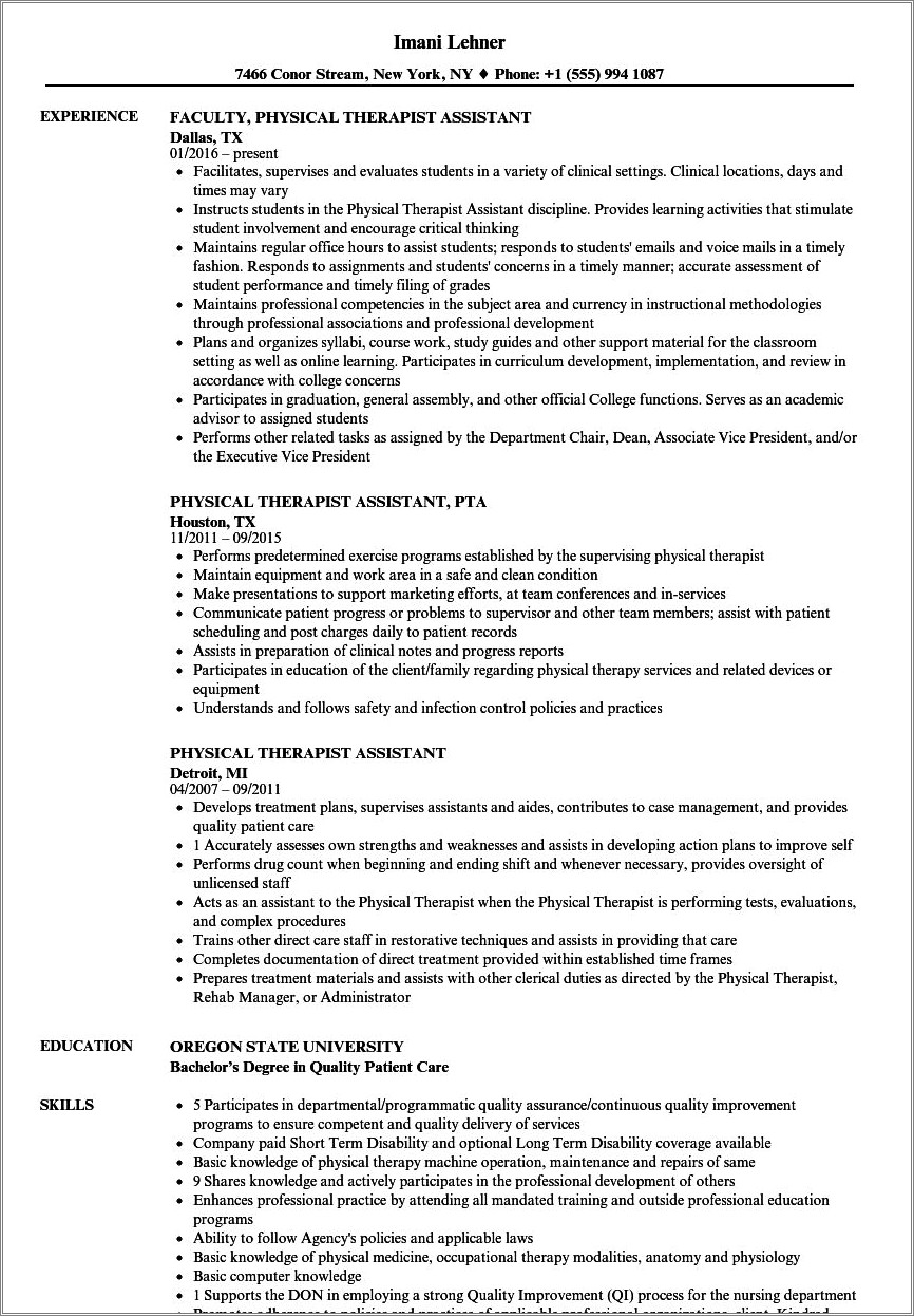 Sample Resume Objective For Physical Therapy