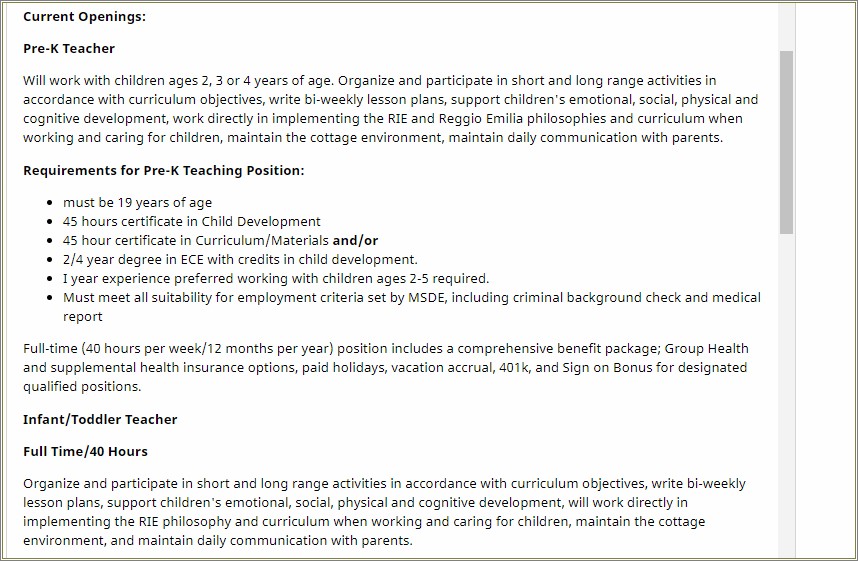 Sample Resume Objective For Preschool Teacher