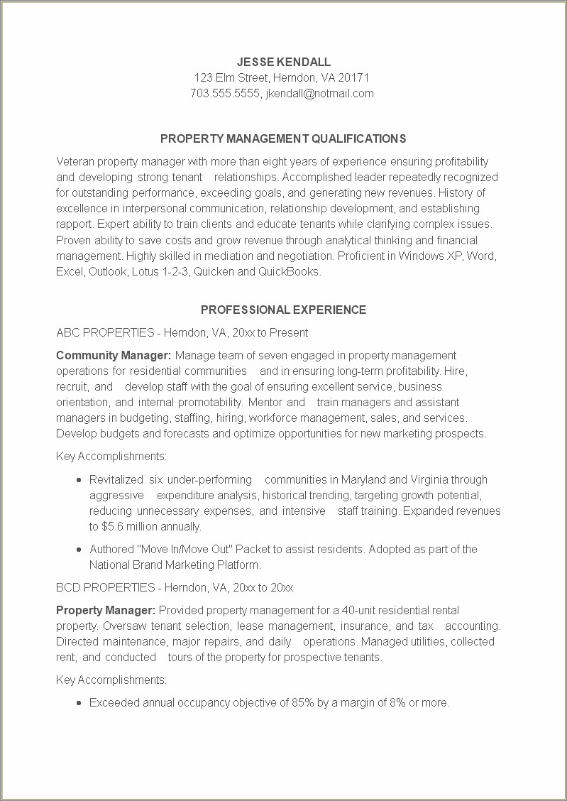 Sample Resume Objective For Property Manager