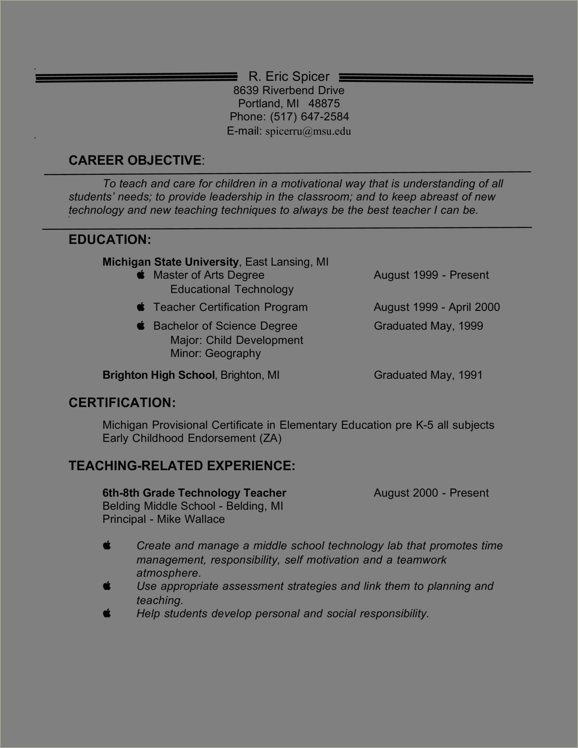 Sample Resume Objective For School Principal