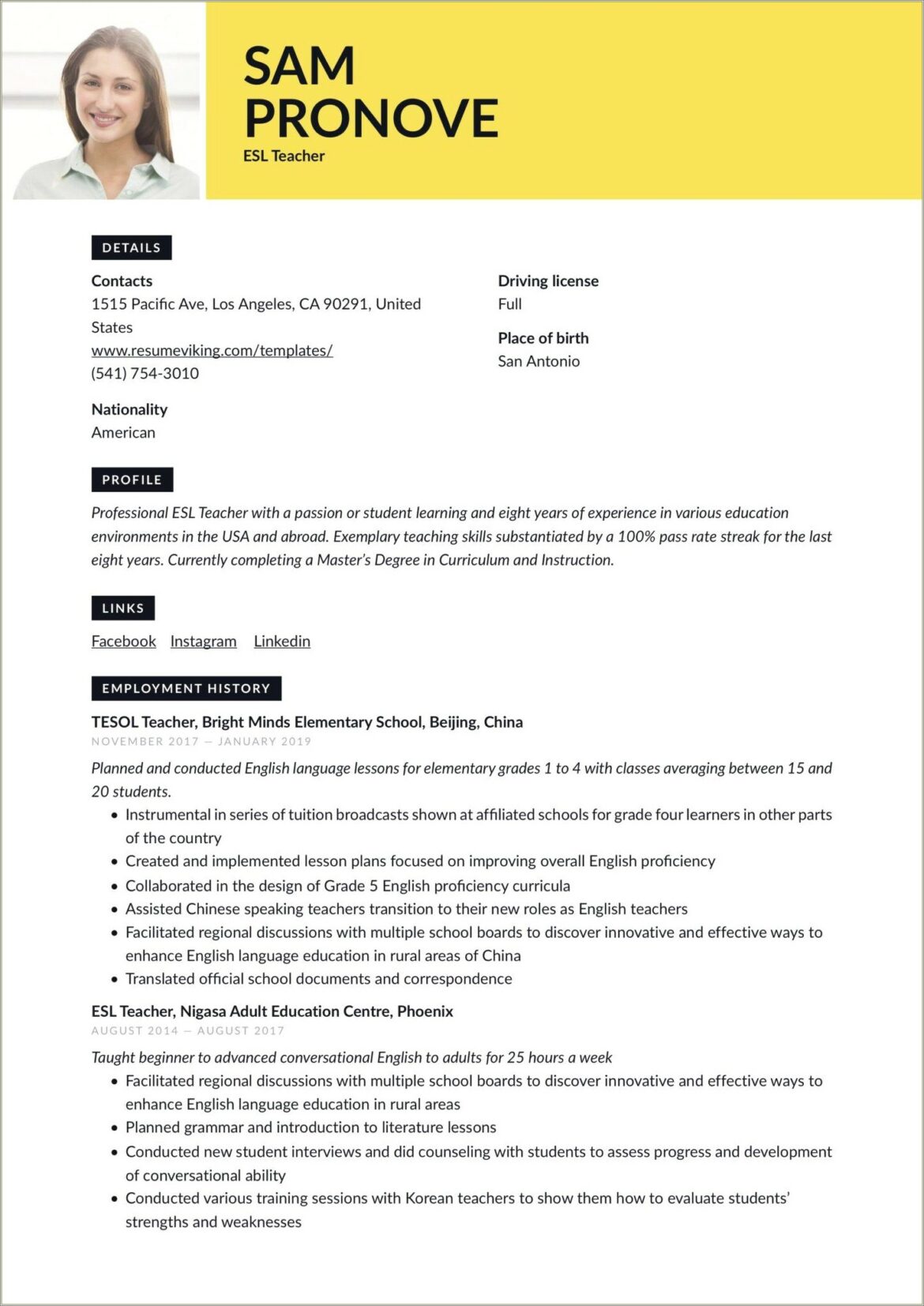 Sample Resume Objective For Teacher Applicant