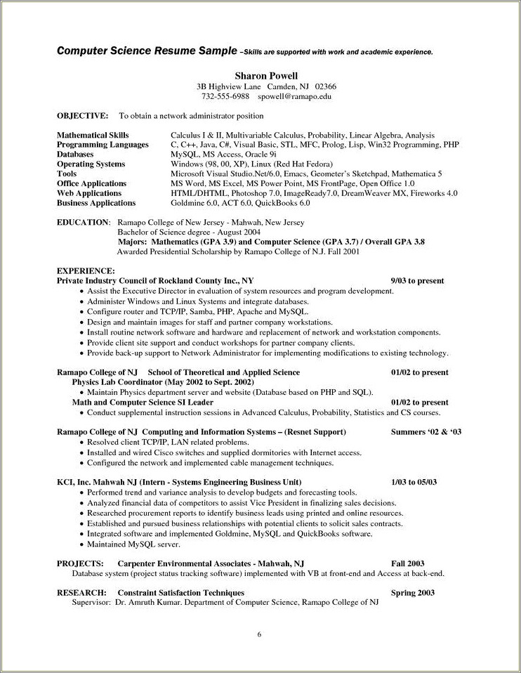 Sample Resume Objective Statement For Computer Science