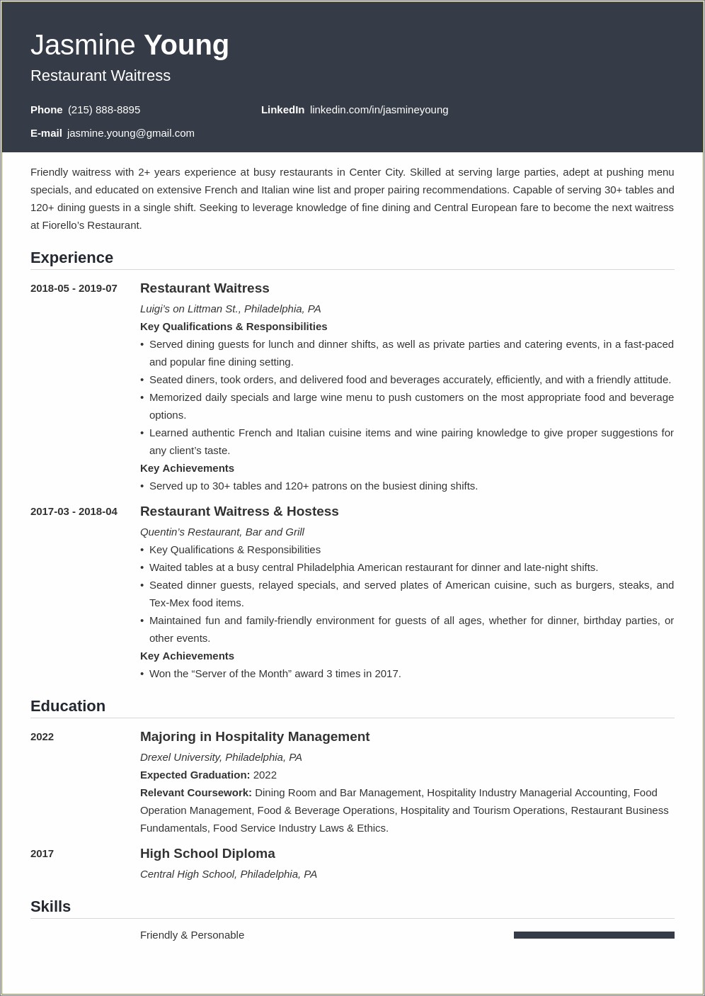 Sample Resume Objective Statement For Food Service