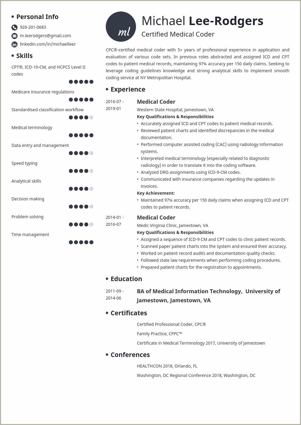 Sample Resume Objective Statement For Medical Coder