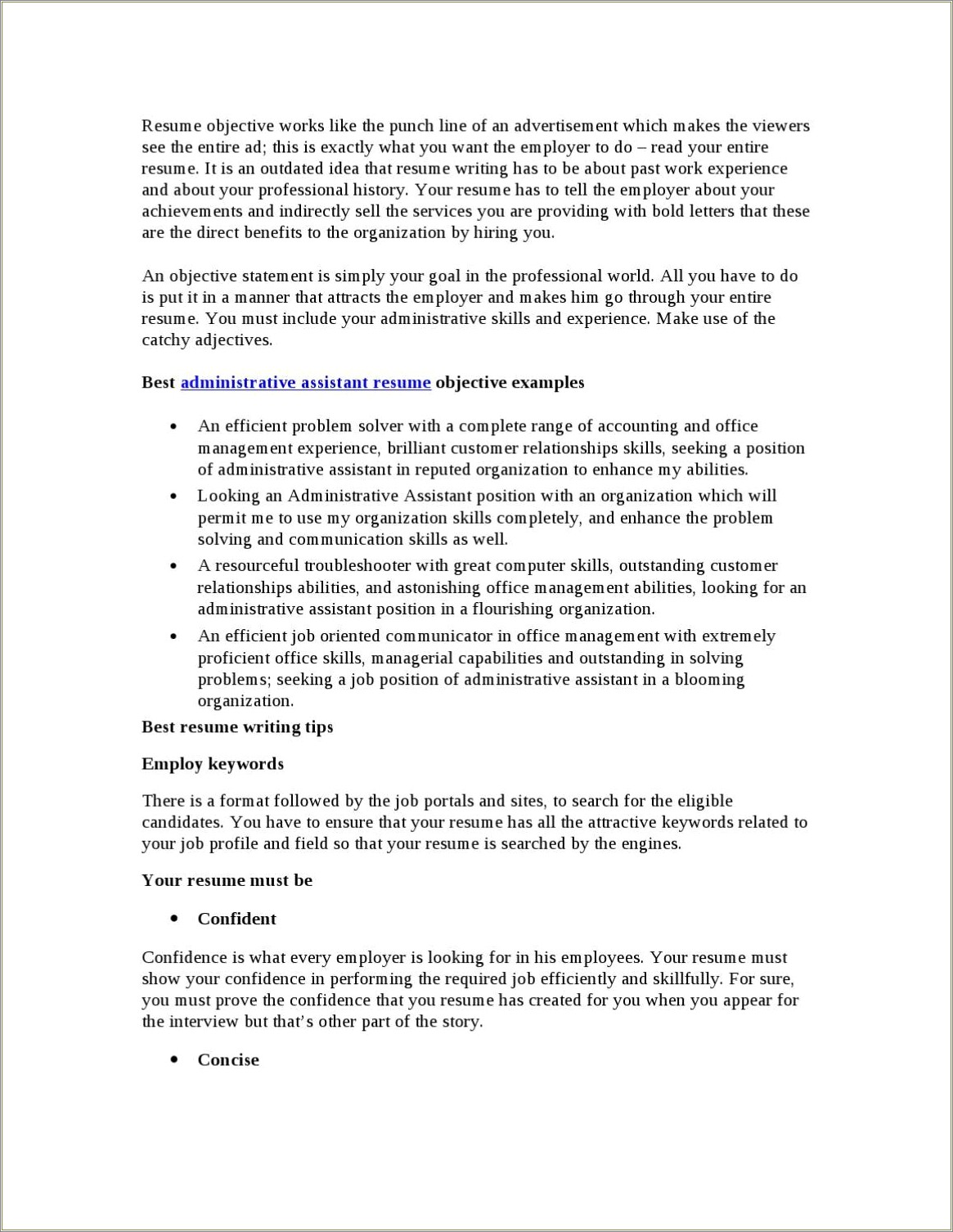 Sample Resume Objective Statements For Administrative Assistant