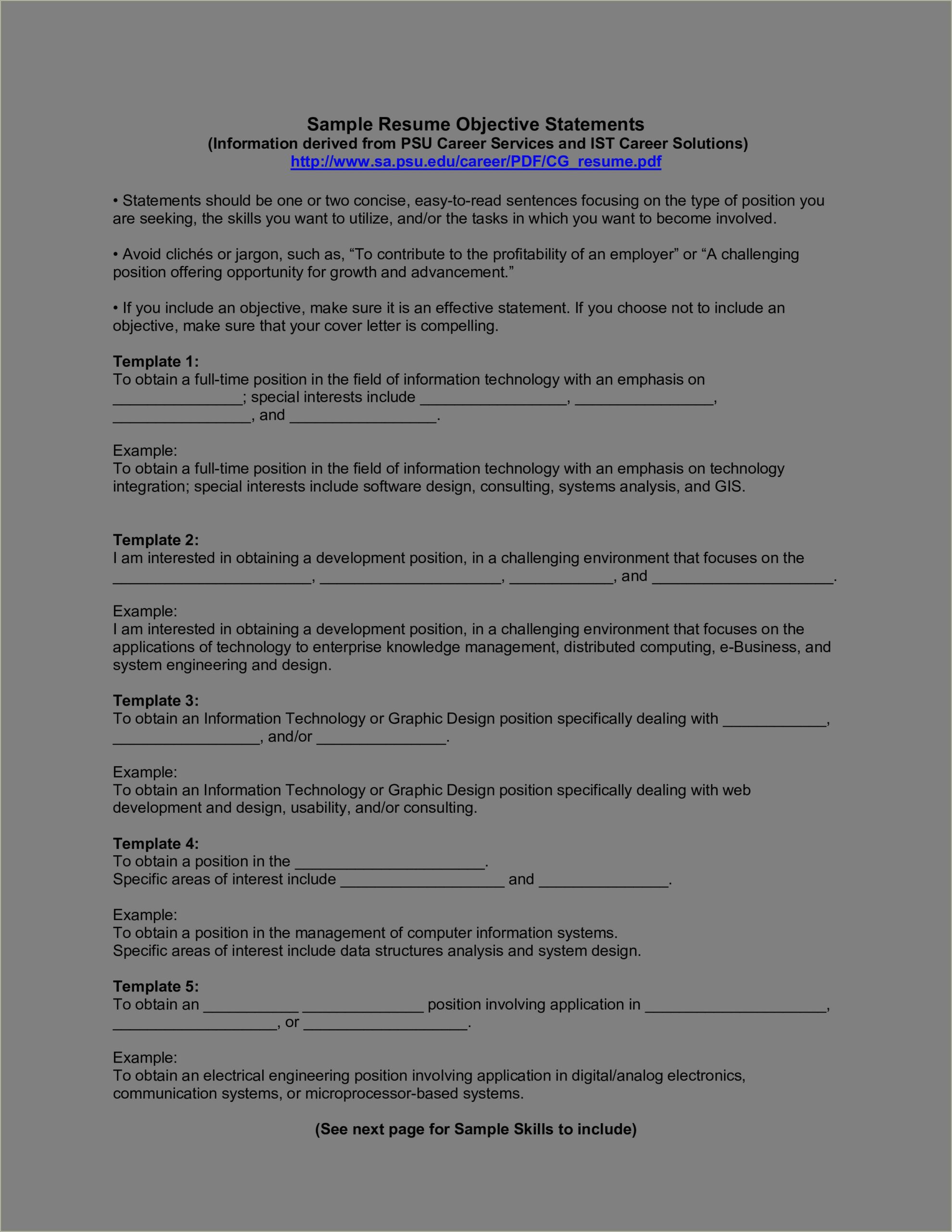 Sample Resume Objective Statements For Engineers
